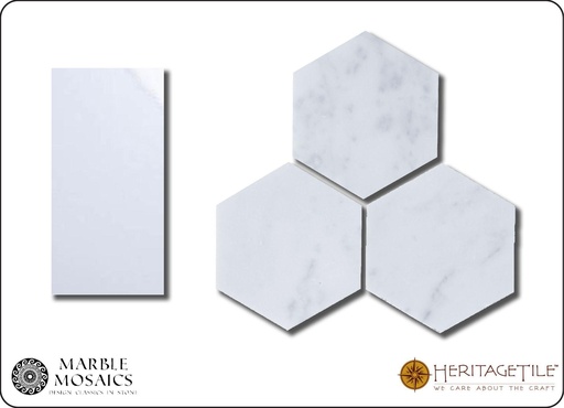 Honed marble 3" hexagon Sample Card in 'Carrara White'