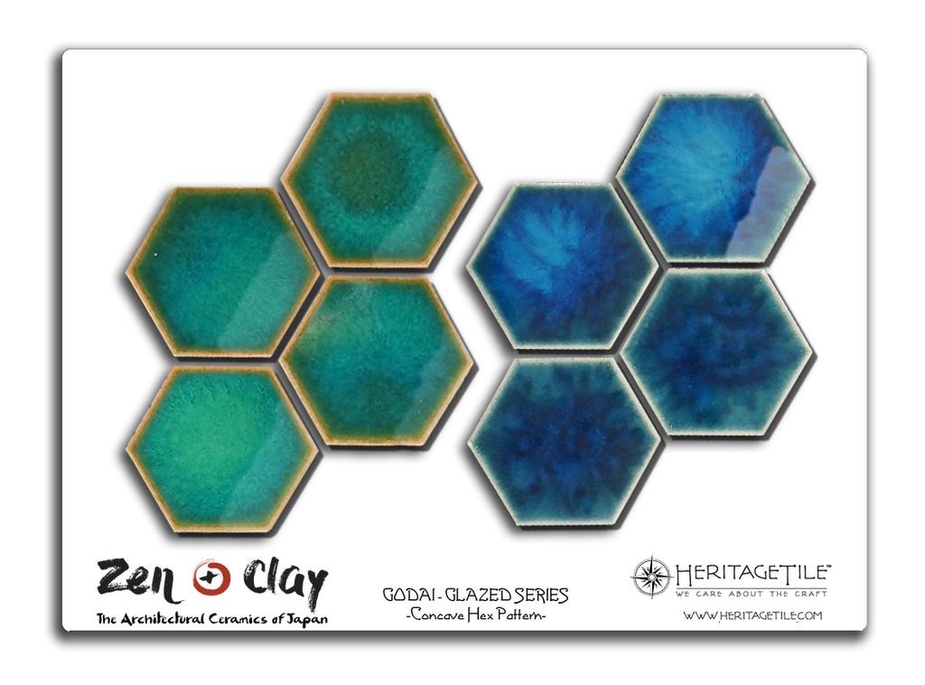 Sample Card - Godai Glazed Concave Hex (Sea Green and Midnight Blue)