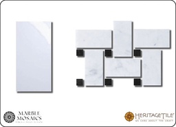 [XKMMB0HA] Honed marble basketweave Sample Card in 'Carrara White' with  'Jet Black' dots
